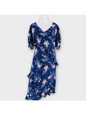 Spirit of Grace Hi Lo Wrap Style Long Floral Ruched Sleeve Ruffle Hem Dress XL